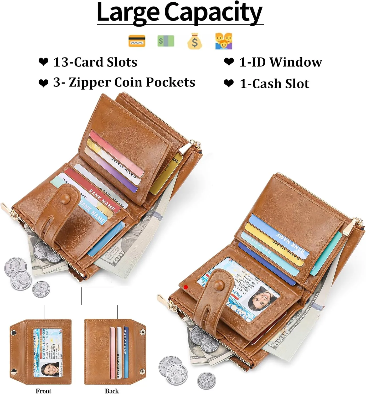 GAEKEAO Small Wallets for Women Leather RFID Blocking Bifold Double Zipper Coin Pocket Purse with Anti-Theft Chain