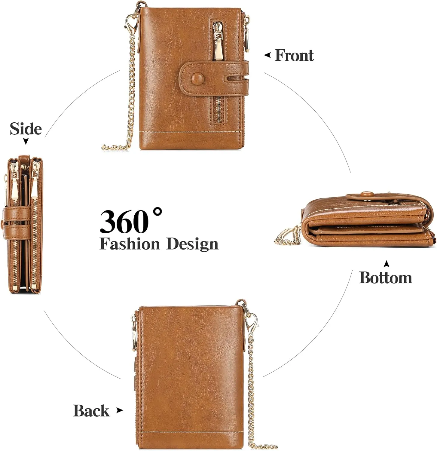 GAEKEAO Small Wallets for Women Leather RFID Blocking Bifold Double Zipper Coin Pocket Purse with Anti-Theft Chain