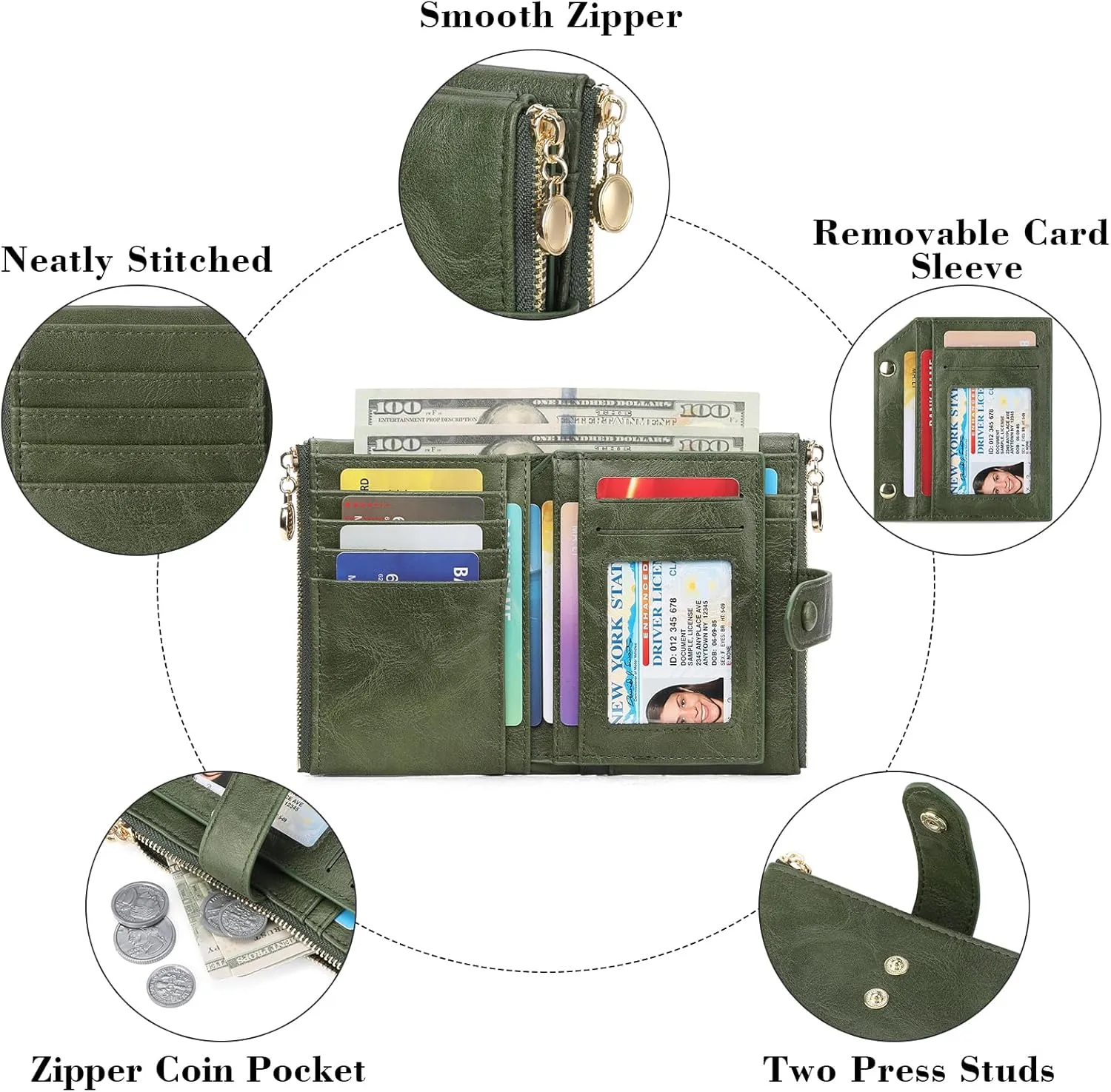 GAEKEAO Small Wallets for Women Leather RFID Blocking Bifold Double Zipper Pockets Wallet Card Case Purse with 2 ID Windows