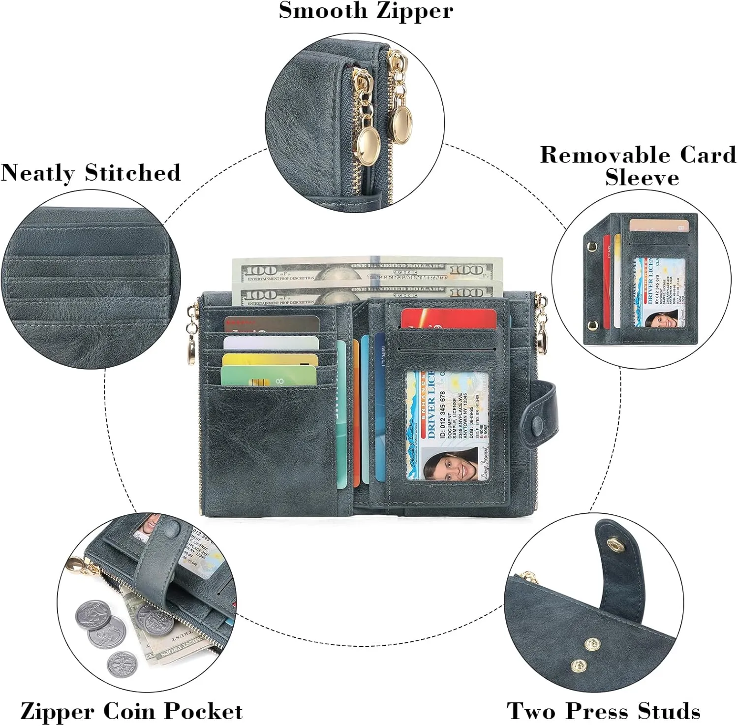 GAEKEAO Small Wallets for Women Leather RFID Blocking Bifold Double Zipper Pockets Wallet Card Case Purse with 2 ID Windows
