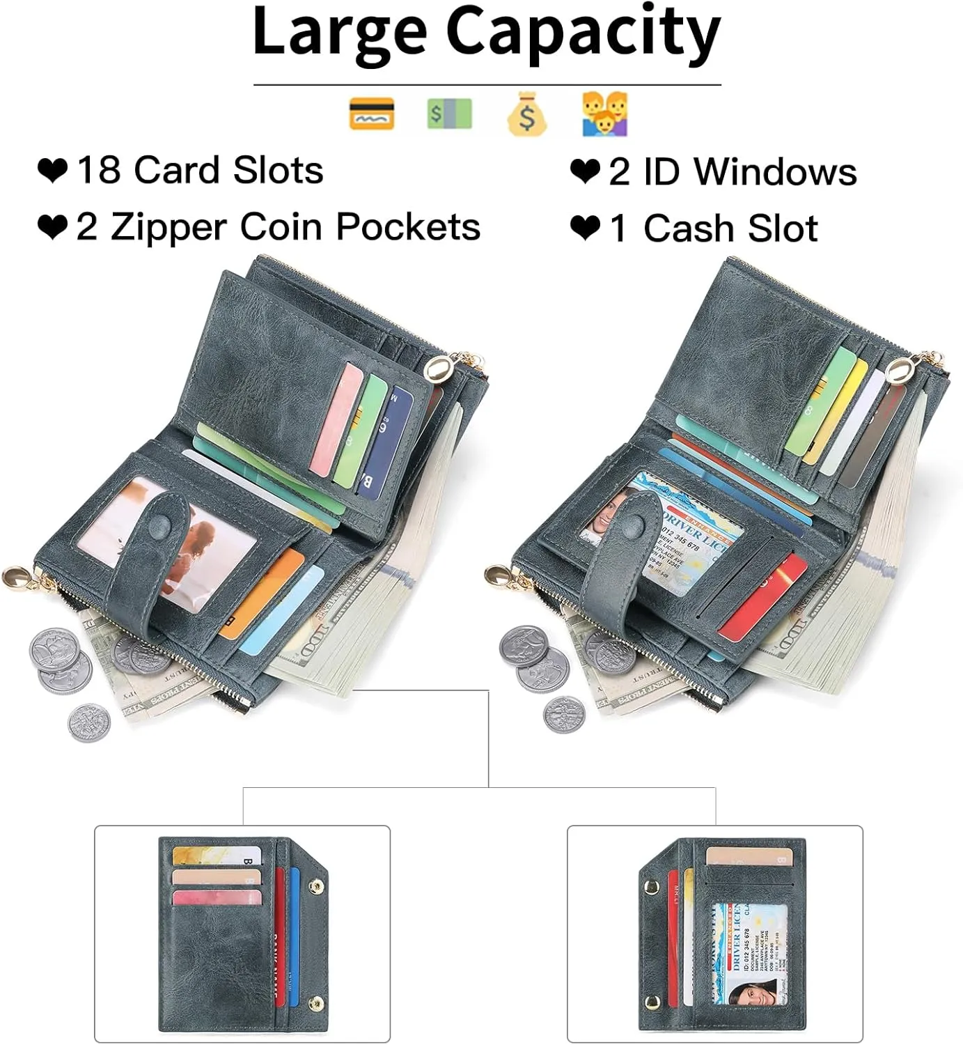 GAEKEAO Small Wallets for Women Leather RFID Blocking Bifold Double Zipper Pockets Wallet Card Case Purse with 2 ID Windows