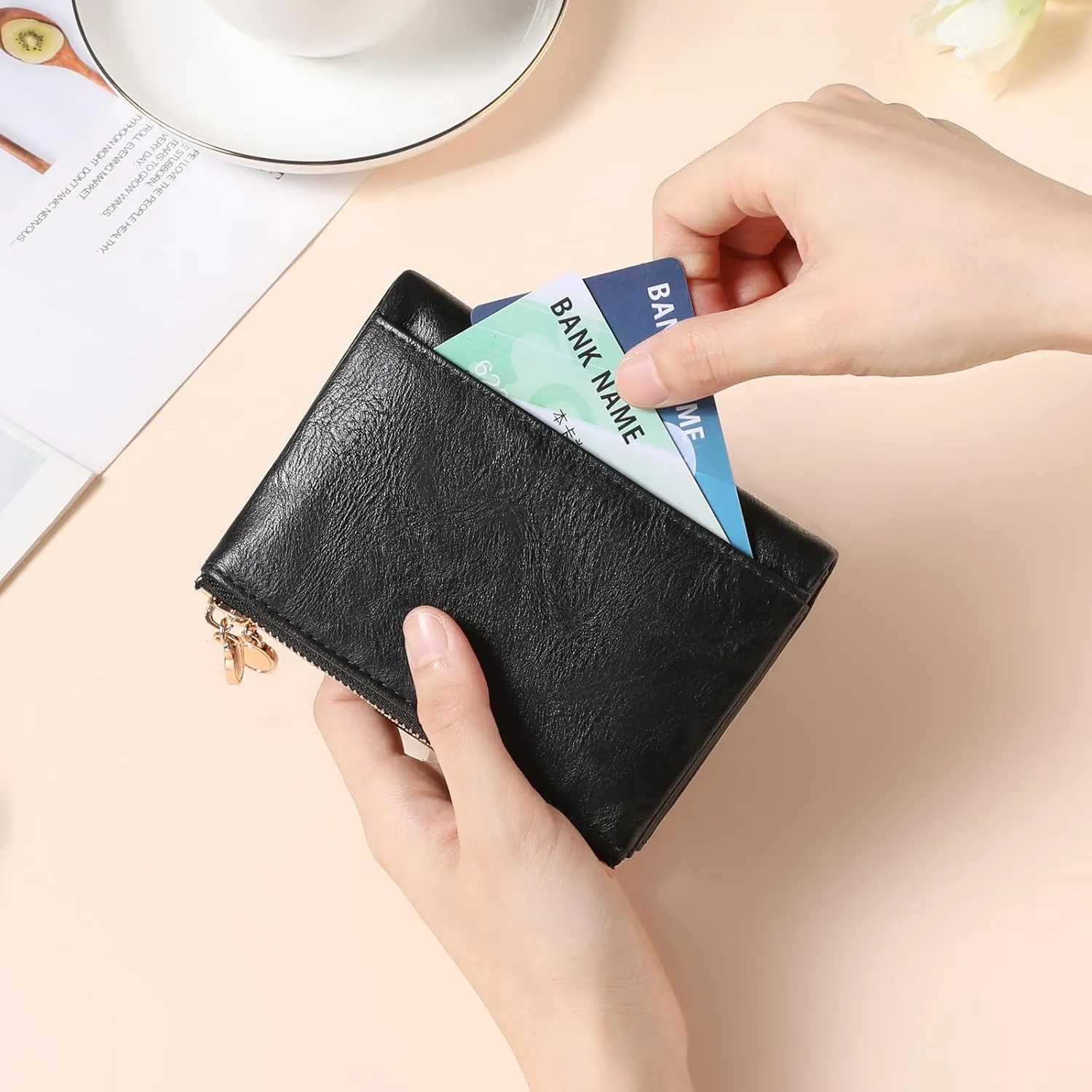GAEKEAO Small Wallets for Women Leather RFID Blocking Bifold Double Zipper Pockets Wallet Card Case Purse with 2 ID Windows
