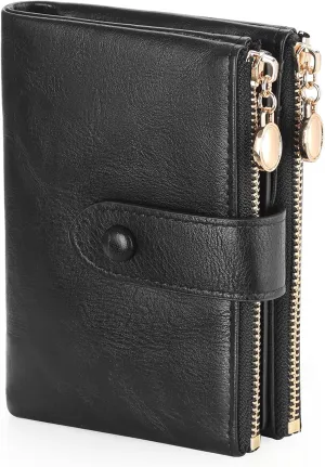 GAEKEAO Small Wallets for Women Leather RFID Blocking Bifold Double Zipper Pockets Wallet Card Case Purse with 2 ID Windows