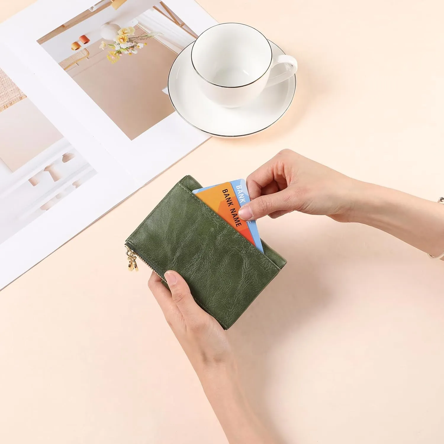 GAEKEAO Small Wallets for Women Leather RFID Blocking Bifold Double Zipper Pockets Wallet Card Case Purse with 2 ID Windows
