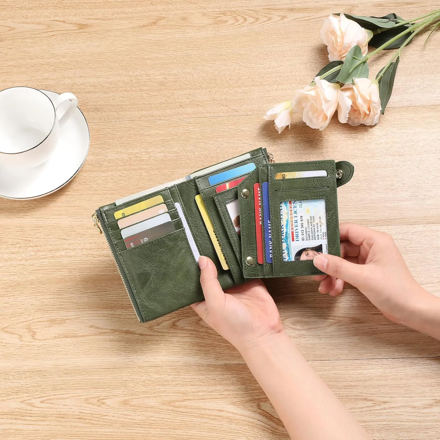 GAEKEAO Small Wallets for Women Leather RFID Blocking Bifold Double Zipper Pockets Wallet Card Case Purse with 2 ID Windows