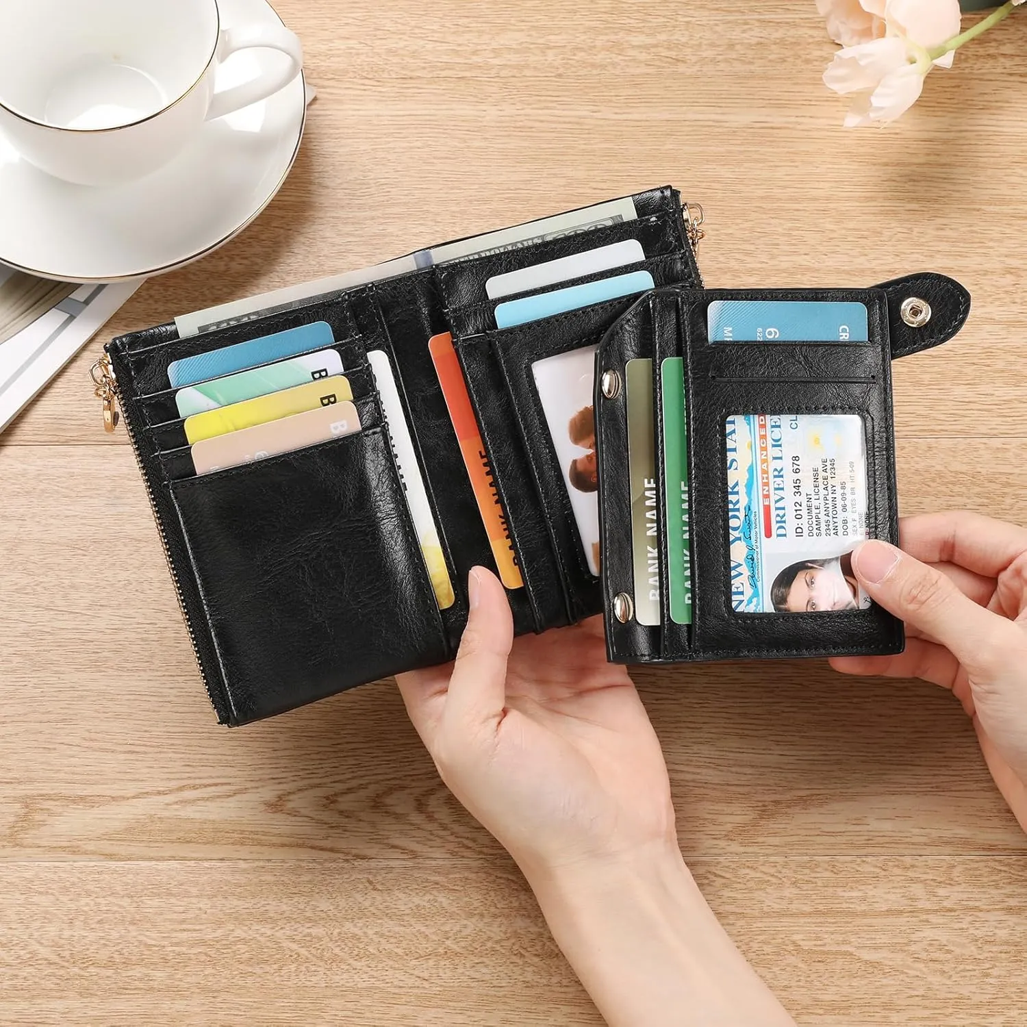 GAEKEAO Small Wallets for Women Leather RFID Blocking Bifold Double Zipper Pockets Wallet Card Case Purse with 2 ID Windows