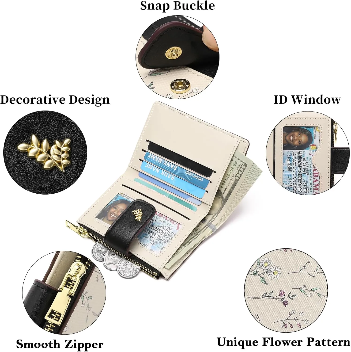 GAEKEAO Small Wallets for Women RFID Blocking Leather Bifold Zipper Pocket Wallet Credit Card Holder with ID Window