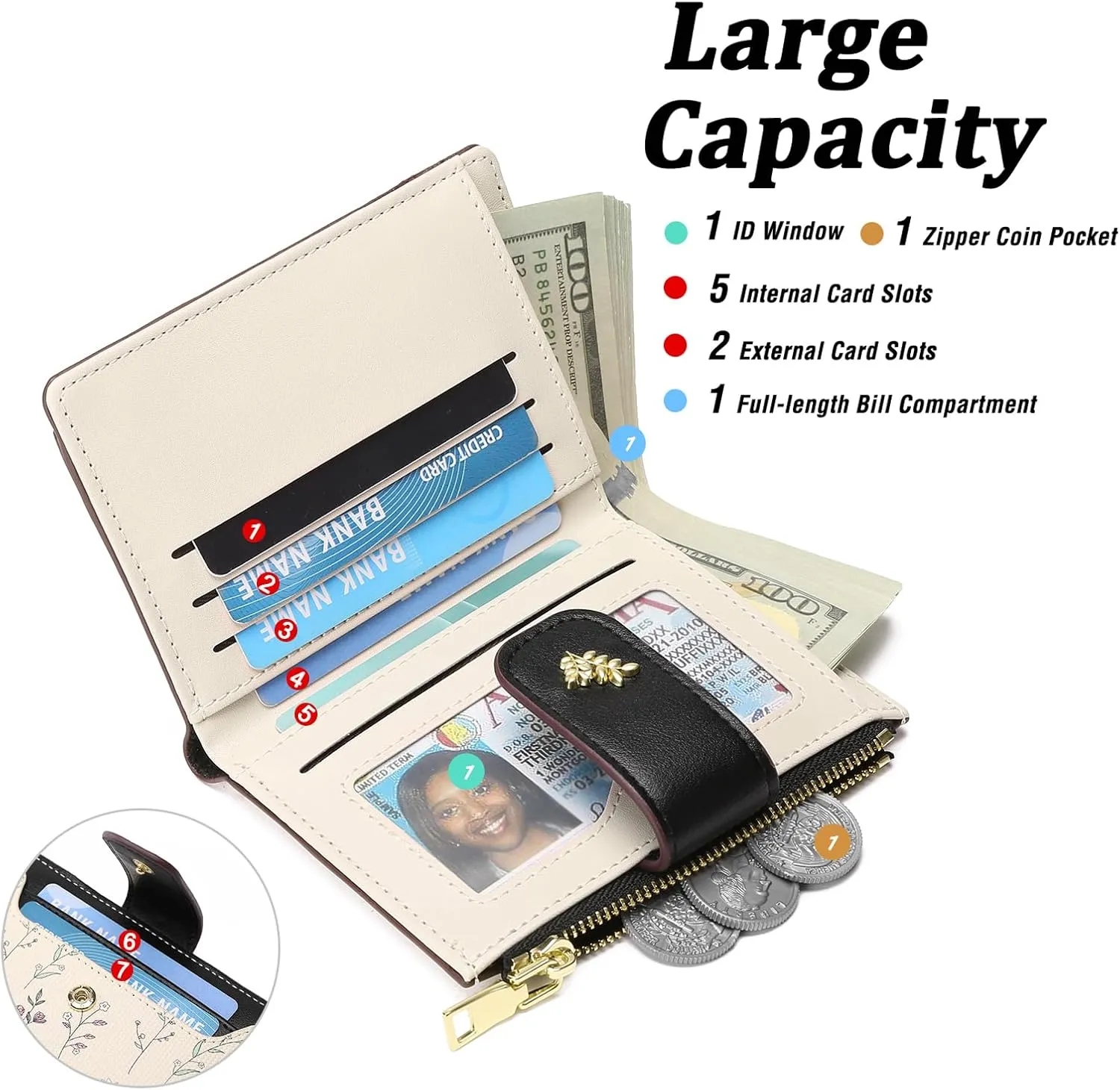 GAEKEAO Small Wallets for Women RFID Blocking Leather Bifold Zipper Pocket Wallet Credit Card Holder with ID Window