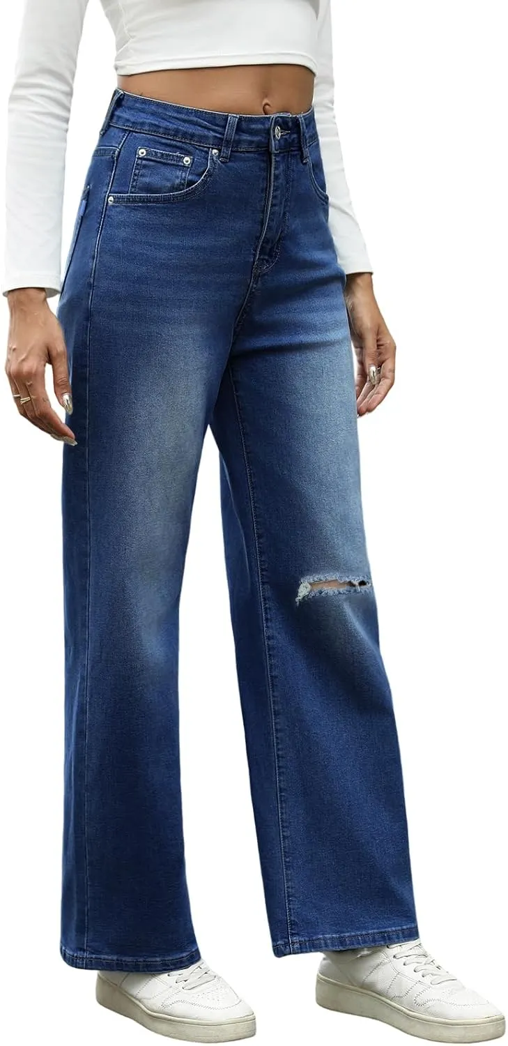 Genleck Women Loose Ripped Boyfriends Jeans High Waist Baggy Denim Pants Distressed Wide Leg Jeans Y2K