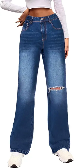 Genleck Women Loose Ripped Boyfriends Jeans High Waist Baggy Denim Pants Distressed Wide Leg Jeans Y2K