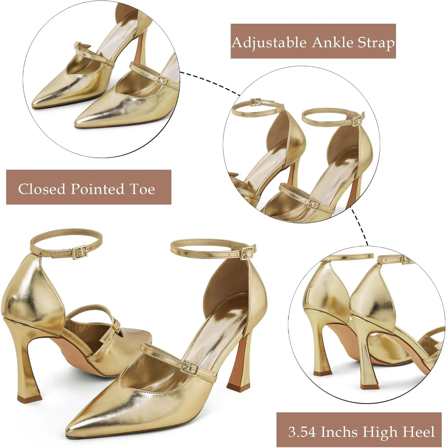 GENSHUO Women's High Heels Closed Toe D'Orsay Stiletto Pointed Toe 3.54 Inch Pumps with Ankle Strap Dress Shoes at Wedding Party Prom Work Dating