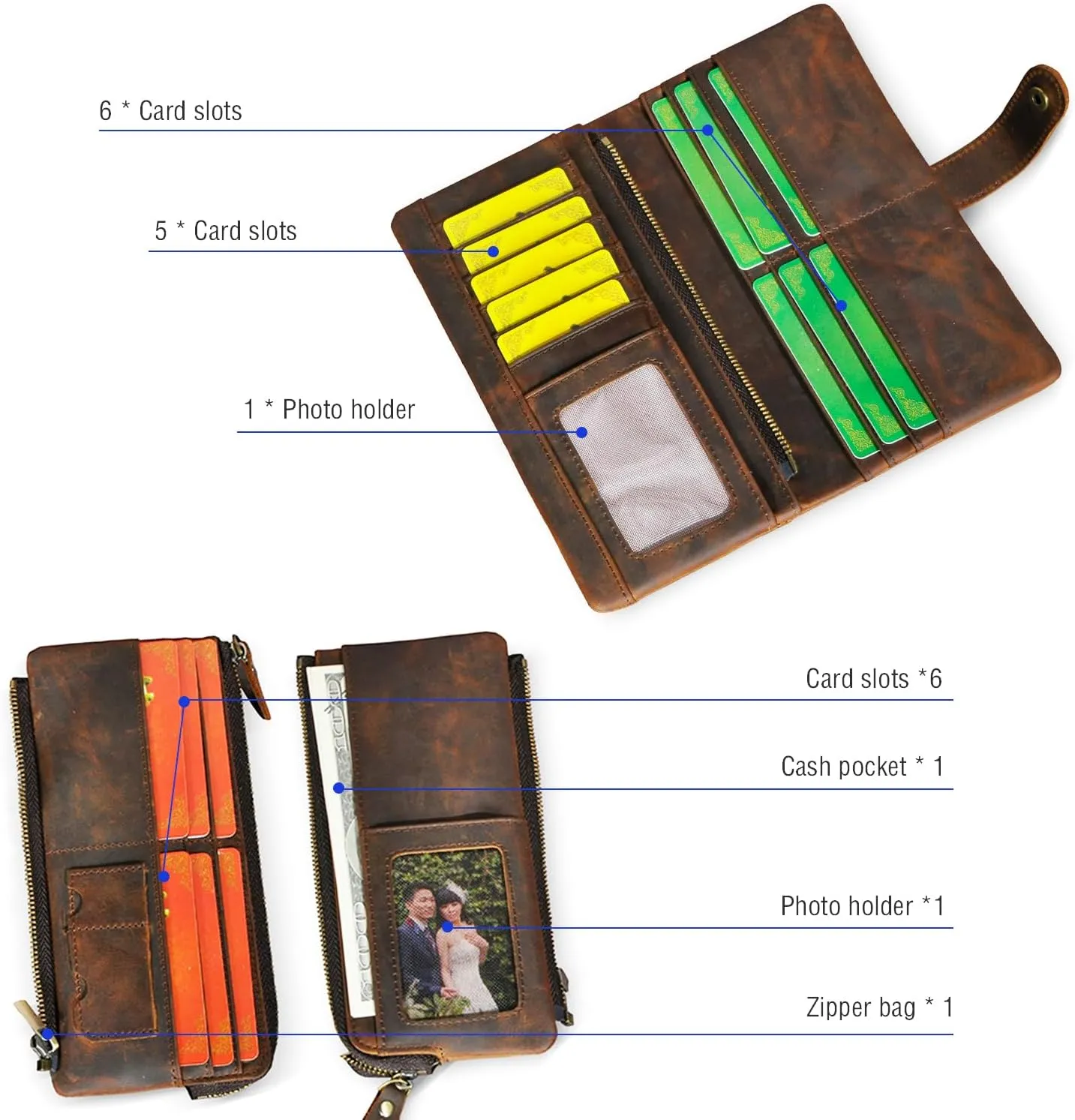 Genuine Crazy Horse Leather Travel Gift Coin Pocket Card Case Long Organizer Chain Rfid Wallet Purse With Snap For Men Male 1803 (1803 Brown)