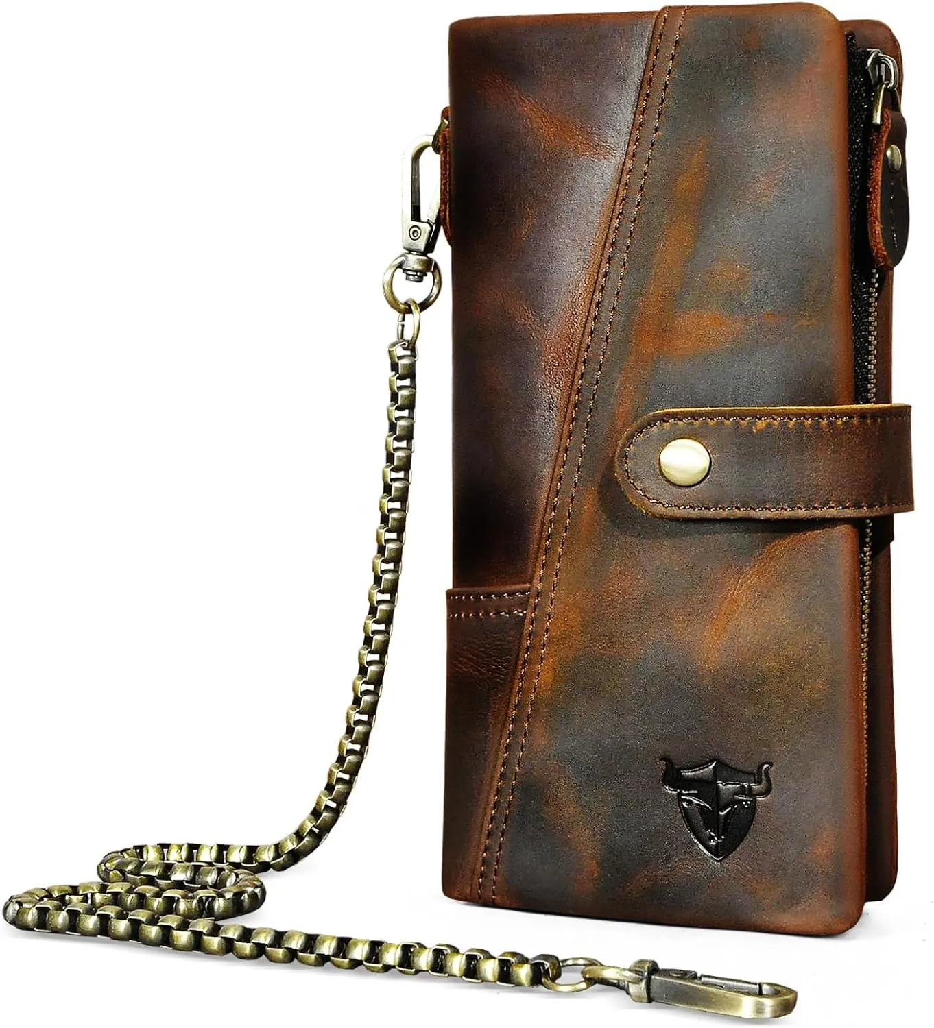 Genuine Crazy Horse Leather Travel Gift Coin Pocket Card Case Long Organizer Chain Rfid Wallet Purse With Snap For Men Male 1803 (1803 Brown)