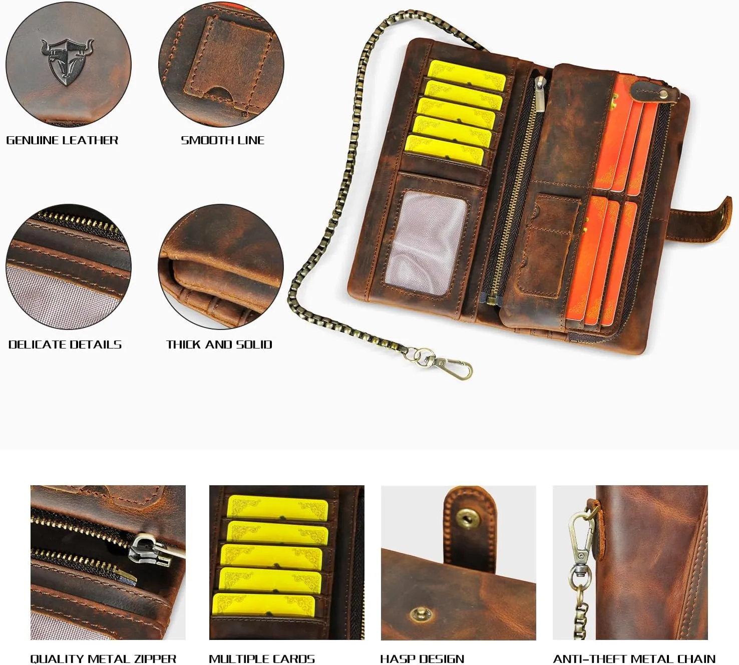 Genuine Crazy Horse Leather Travel Gift Coin Pocket Card Case Long Organizer Chain Rfid Wallet Purse With Snap For Men Male 1803 (1803 Brown)