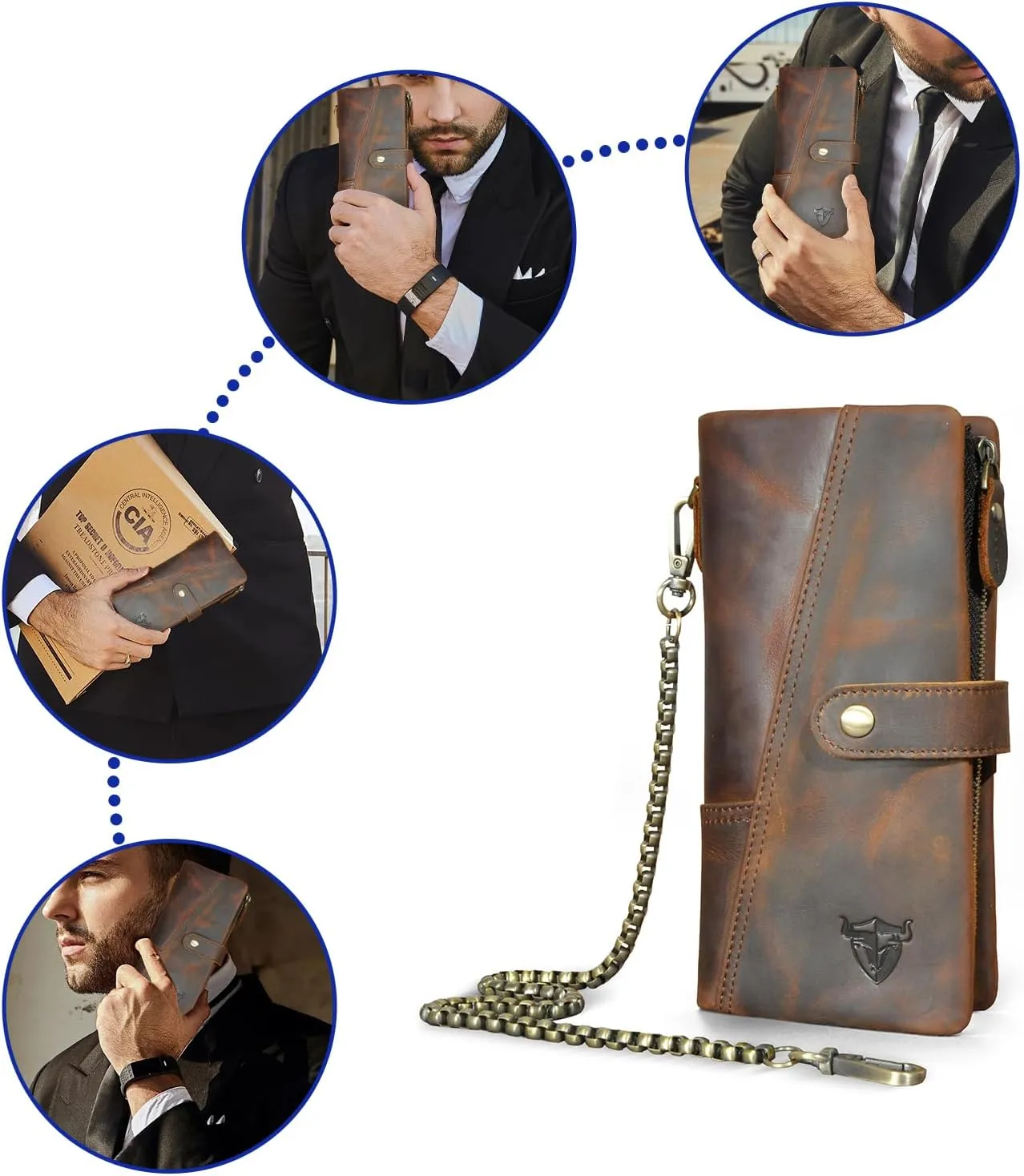 Genuine Crazy Horse Leather Travel Gift Coin Pocket Card Case Long Organizer Chain Rfid Wallet Purse With Snap For Men Male 1803 (1803 Brown)
