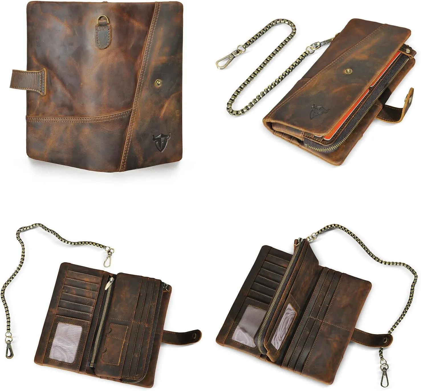 Genuine Crazy Horse Leather Travel Gift Coin Pocket Card Case Long Organizer Chain Rfid Wallet Purse With Snap For Men Male 1803 (1803 Brown)