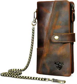 Genuine Crazy Horse Leather Travel Gift Coin Pocket Card Case Long Organizer Chain Rfid Wallet Purse With Snap For Men Male 1803 (1803 Brown)