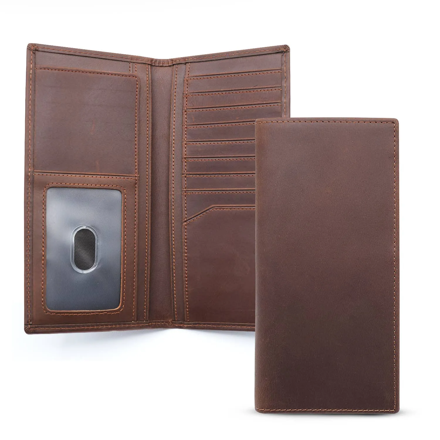 Genuine Leather Bifold Long Wallets for Men - Brown