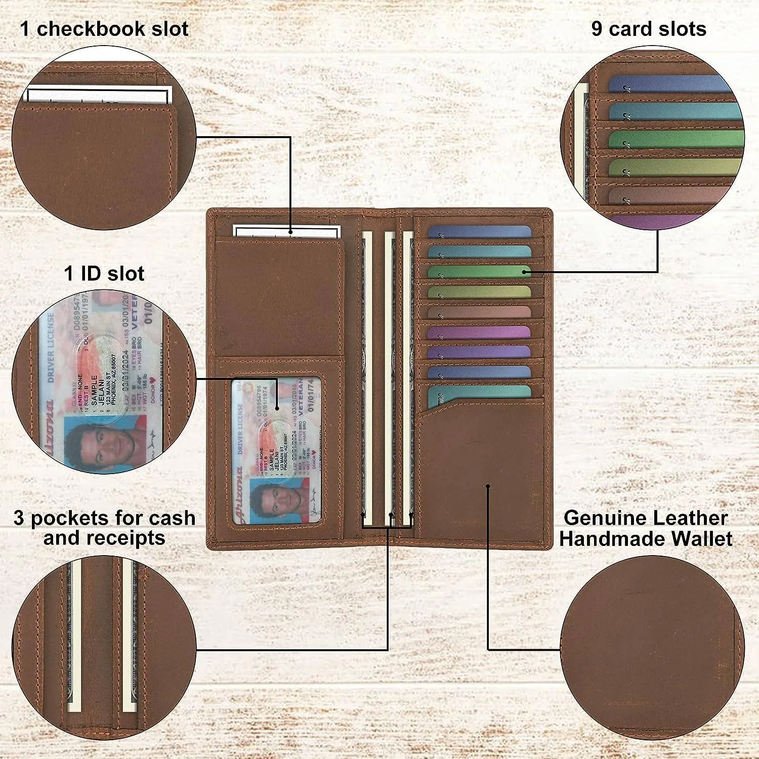 Genuine Leather Bifold Long Wallets for Men - Brown