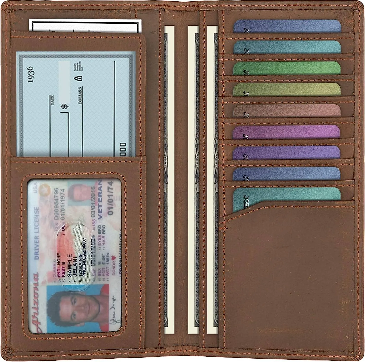 Genuine Leather Bifold Long Wallets for Men - Brown