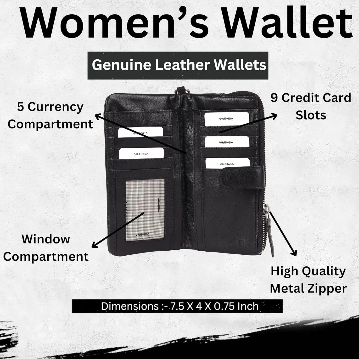 Genuine Leather Wallets for Women, Small Wallet for Ladies Zipper Coin Purse Credit Card Holder with detachable wristlet (Black)
