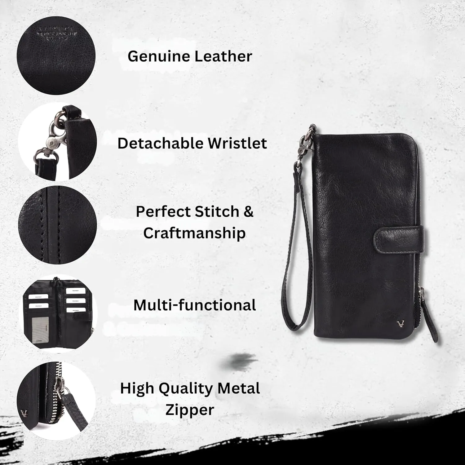 Genuine Leather Wallets for Women, Small Wallet for Ladies Zipper Coin Purse Credit Card Holder with detachable wristlet (Black)
