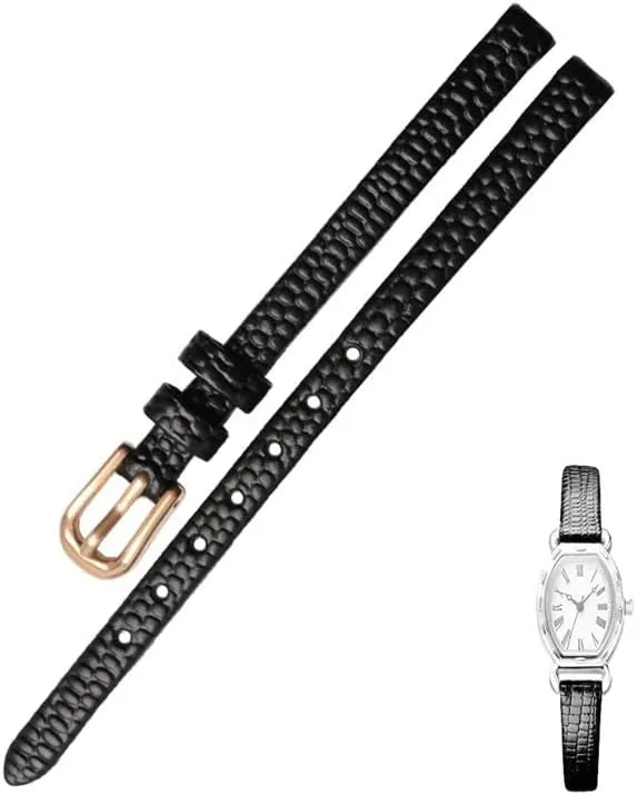 Genuine Leather Watchband Womens Bracelet 6mm 8mm 10mm 12mm Lizards Leather Watch Strap Small wristwatches Belt Pin Buckle (Color : Black Rose Buckle, Size : 8mm)