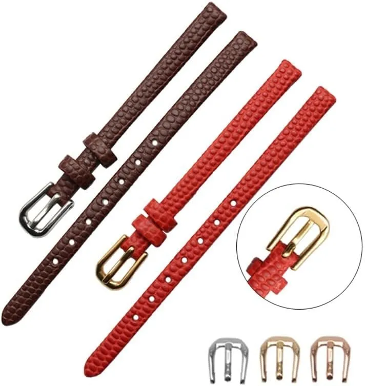 Genuine Leather Watchband Womens Bracelet 6mm 8mm 10mm 12mm Lizards Leather Watch Strap Small wristwatches Belt Pin Buckle (Color : Black Rose Buckle, Size : 8mm)