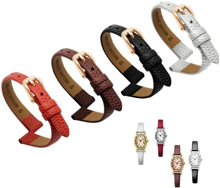 Genuine Leather Watchband Womens Bracelet 6mm 8mm 10mm 12mm Lizards Leather Watch Strap Small wristwatches Belt Pin Buckle (Color : Black Rose Buckle, Size : 8mm)