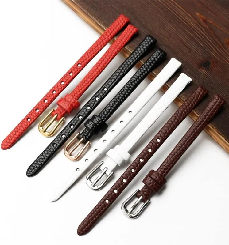 Genuine Leather Watchband Womens Bracelet 6mm 8mm 10mm 12mm Lizards Leather Watch Strap Small wristwatches Belt Pin Buckle (Color : Black Rose Buckle, Size : 8mm)