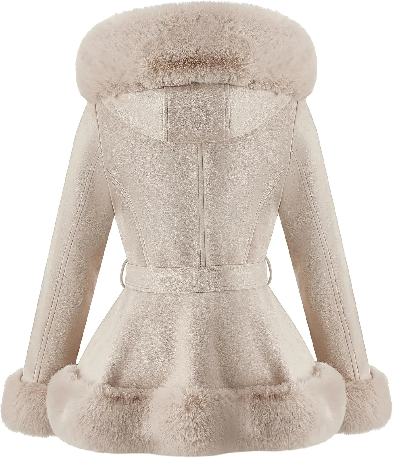 Geschallino Women's Faux Suede Leather Jacket Winter Plus Size Hooded Jacket Warm Fleece lined Dress Belt Coat (1X-5X)