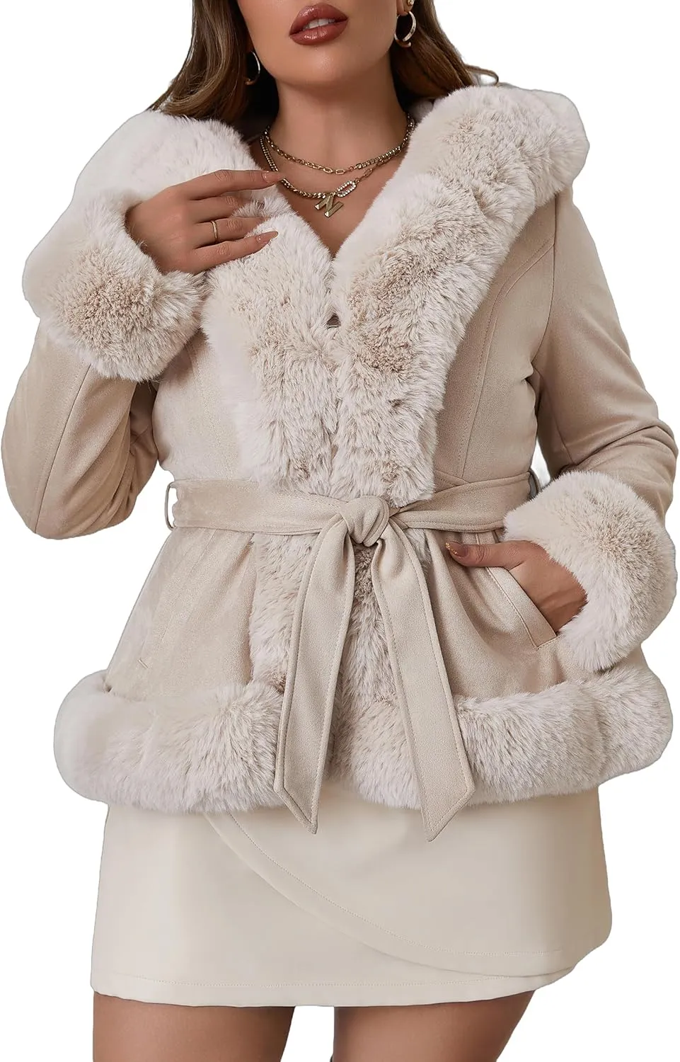 Geschallino Women's Faux Suede Leather Jacket Winter Plus Size Hooded Jacket Warm Fleece lined Dress Belt Coat (1X-5X)