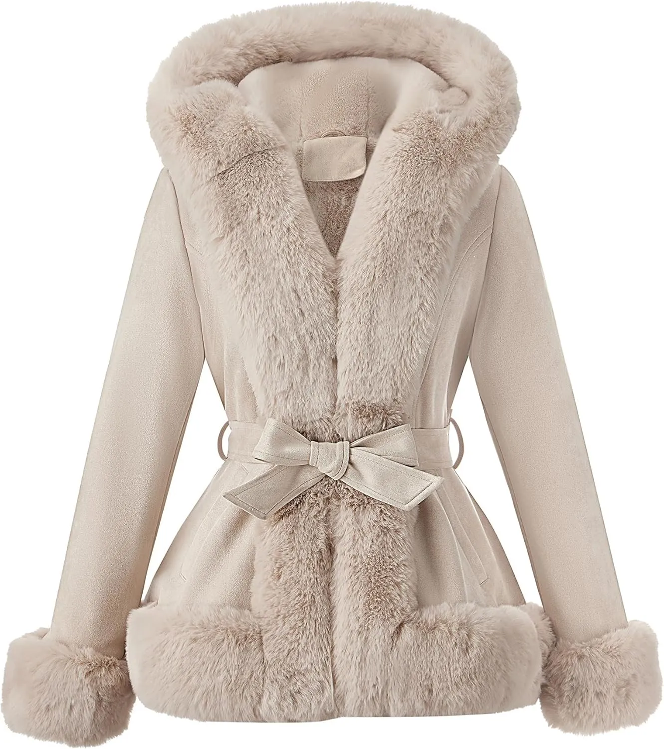 Geschallino Women's Faux Suede Leather Jacket Winter Plus Size Hooded Jacket Warm Fleece lined Dress Belt Coat (1X-5X)