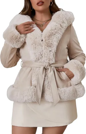 Geschallino Women's Faux Suede Leather Jacket Winter Plus Size Hooded Jacket Warm Fleece lined Dress Belt Coat (1X-5X)