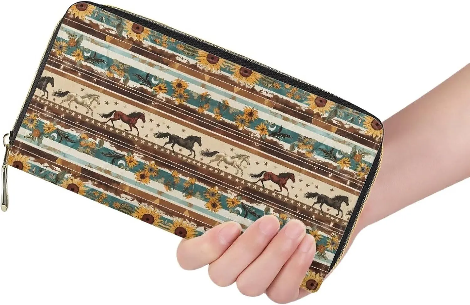 GIFTPUZZ Aztec Horse Wallets Women Travel Shopping Clutch Purse Lady Zip Around Money Organizer with Card Slots & Zipper Coin Pocket Western Wallets for Women Waterproof