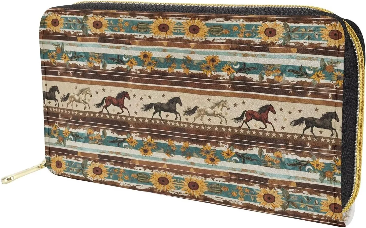 GIFTPUZZ Aztec Horse Wallets Women Travel Shopping Clutch Purse Lady Zip Around Money Organizer with Card Slots & Zipper Coin Pocket Western Wallets for Women Waterproof