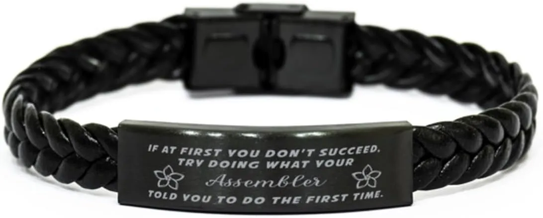 GIFTVILLE & SURPRISE Assembler Braided Leather Bracelet, If at first you don't succeed, try doing what your athletic trainer told you to do the first time., Laser Engraved, Stainless Steel Wristband