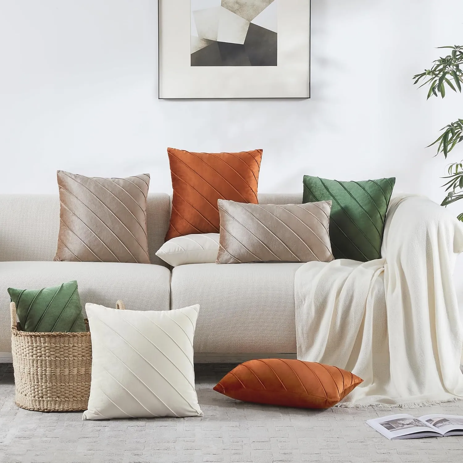 GIGIZAZA Decorative Velvet Pillow Covers 18x18, Set of 2 Burnt Orange Sofa Couch Throw Pillows Covers Cases, Living Room Square Cushion Accent Stripe Covers