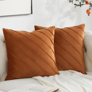 GIGIZAZA Decorative Velvet Pillow Covers 18x18, Set of 2 Burnt Orange Sofa Couch Throw Pillows Covers Cases, Living Room Square Cushion Accent Stripe Covers