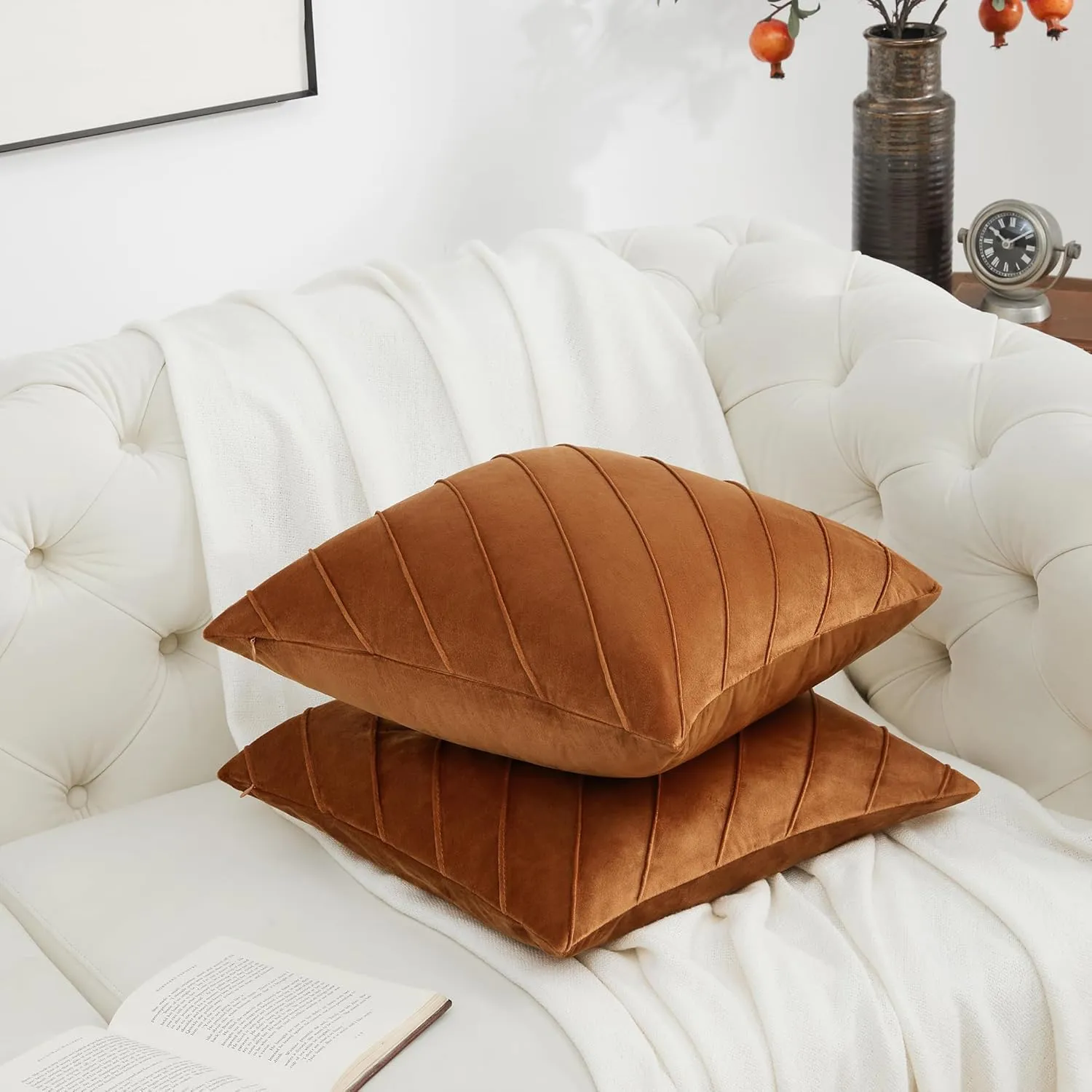 GIGIZAZA Decorative Velvet Pillow Covers 18x18, Set of 2 Burnt Orange Sofa Couch Throw Pillows Covers Cases, Living Room Square Cushion Accent Stripe Covers