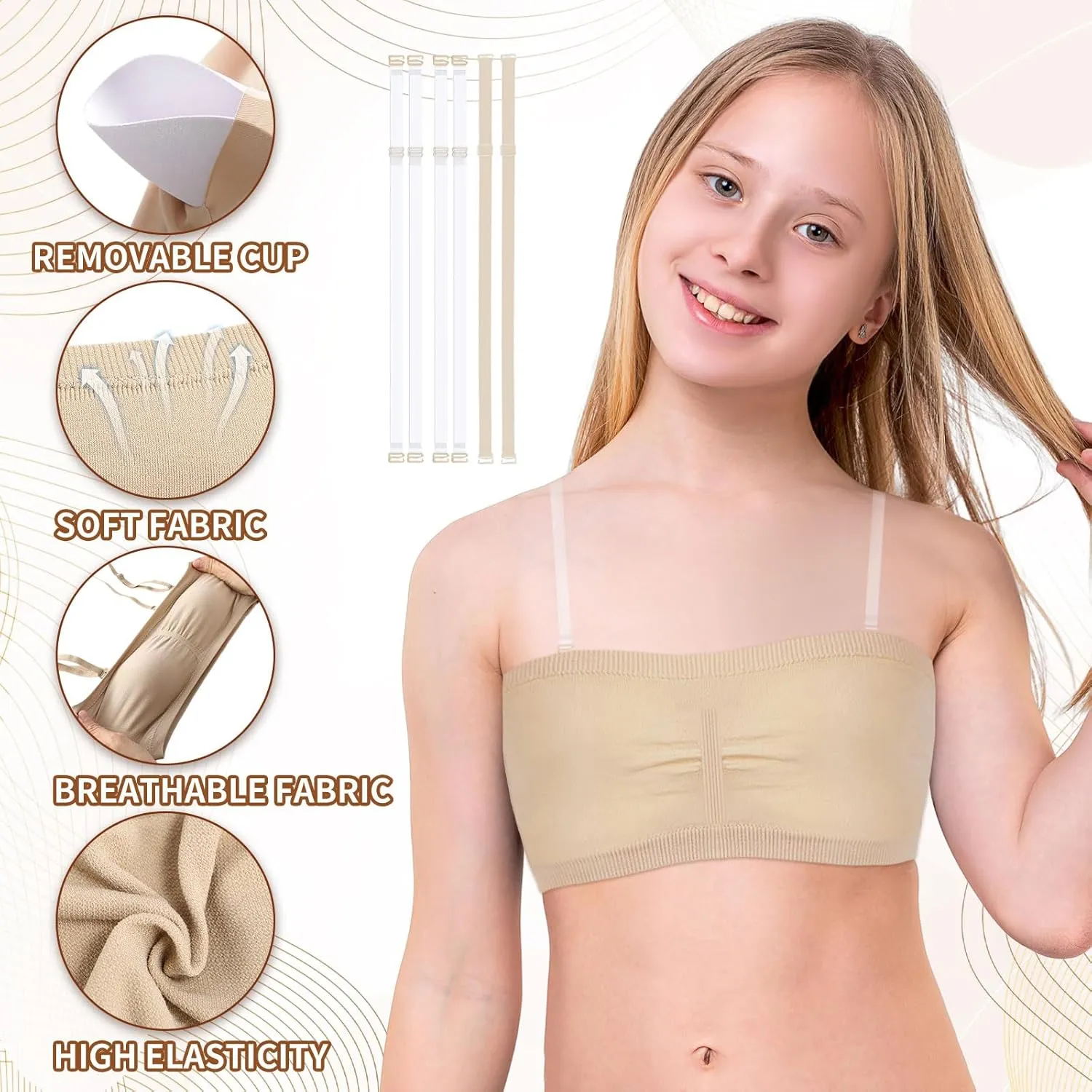 Girl Clear Straps Bandeau Bra, Seamless Girls Nude Multifunction Bras Strapless Cropped Sports Bralette Crop Top