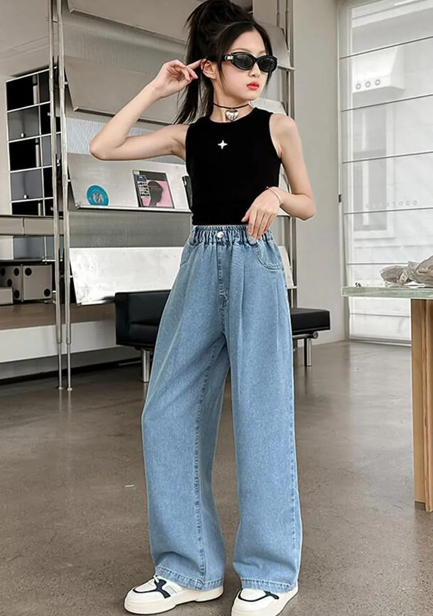 Girls Baggy Wide Leg Jeans Elastic Waist Casual Washed Denim Pants Age 5-14