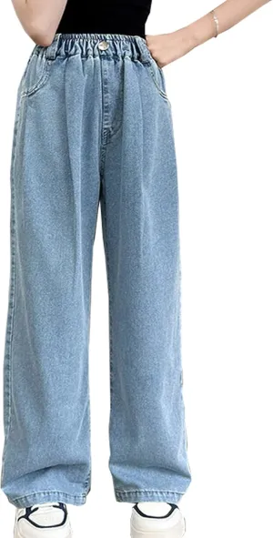 Girls Baggy Wide Leg Jeans Elastic Waist Casual Washed Denim Pants Age 5-14