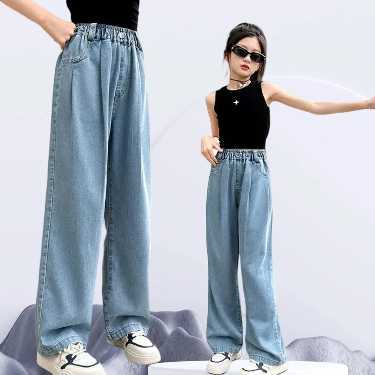 Girls Baggy Wide Leg Jeans Elastic Waist Casual Washed Denim Pants Age 5-14
