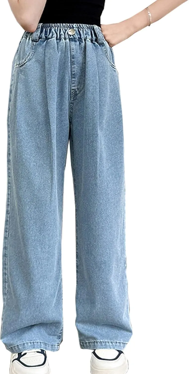 Girls Baggy Wide Leg Jeans Elastic Waist Casual Washed Denim Pants Age 5-14