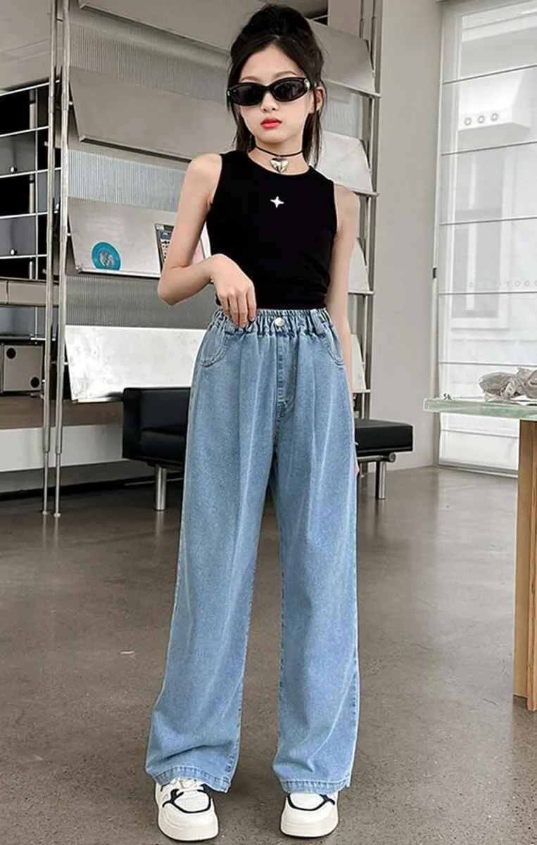 Girls Baggy Wide Leg Jeans Elastic Waist Casual Washed Denim Pants Age 5-14