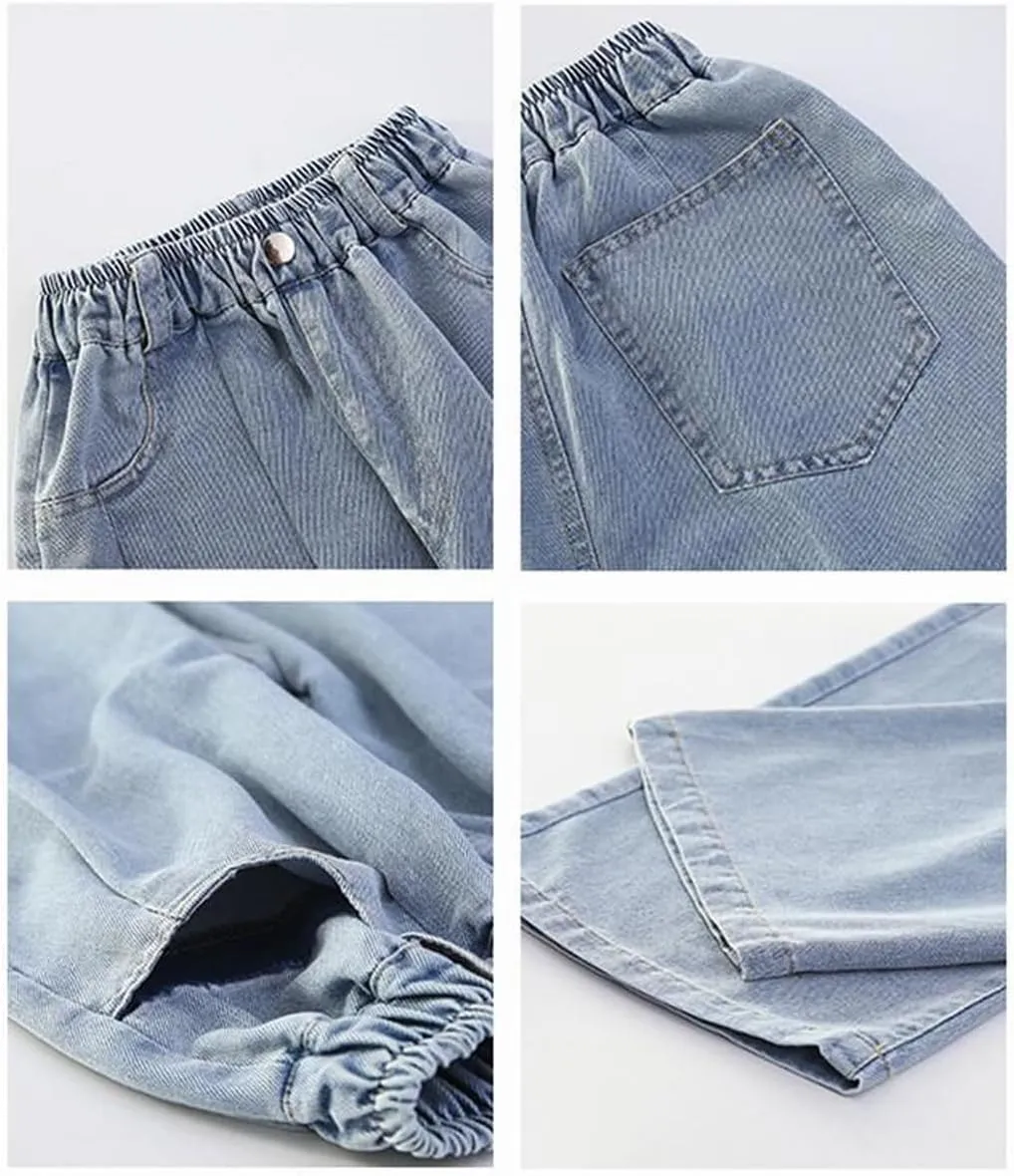 Girls Baggy Wide Leg Jeans Elastic Waist Casual Washed Denim Pants Age 5-14