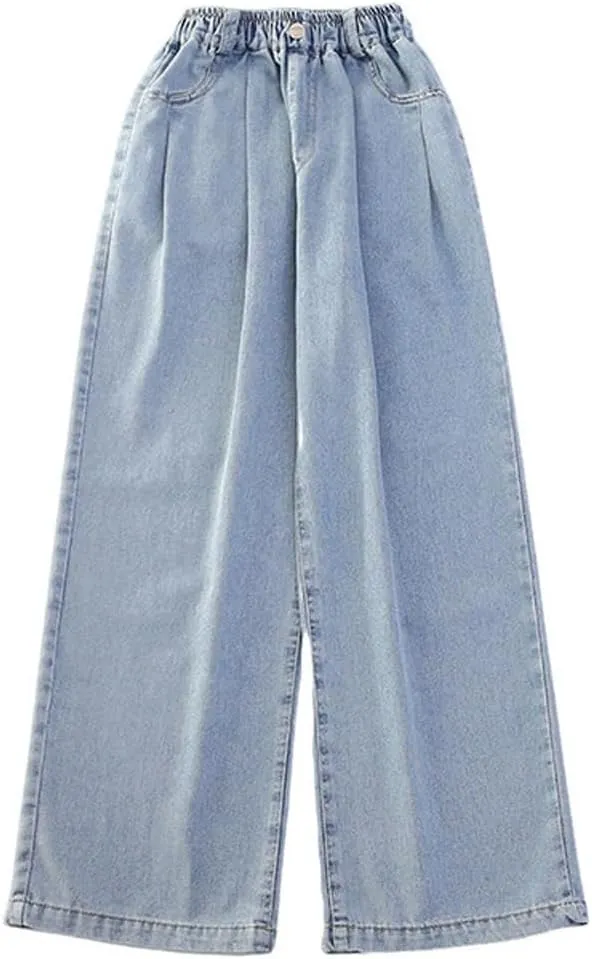 Girls Baggy Wide Leg Jeans Elastic Waist Casual Washed Denim Pants Age 5-14