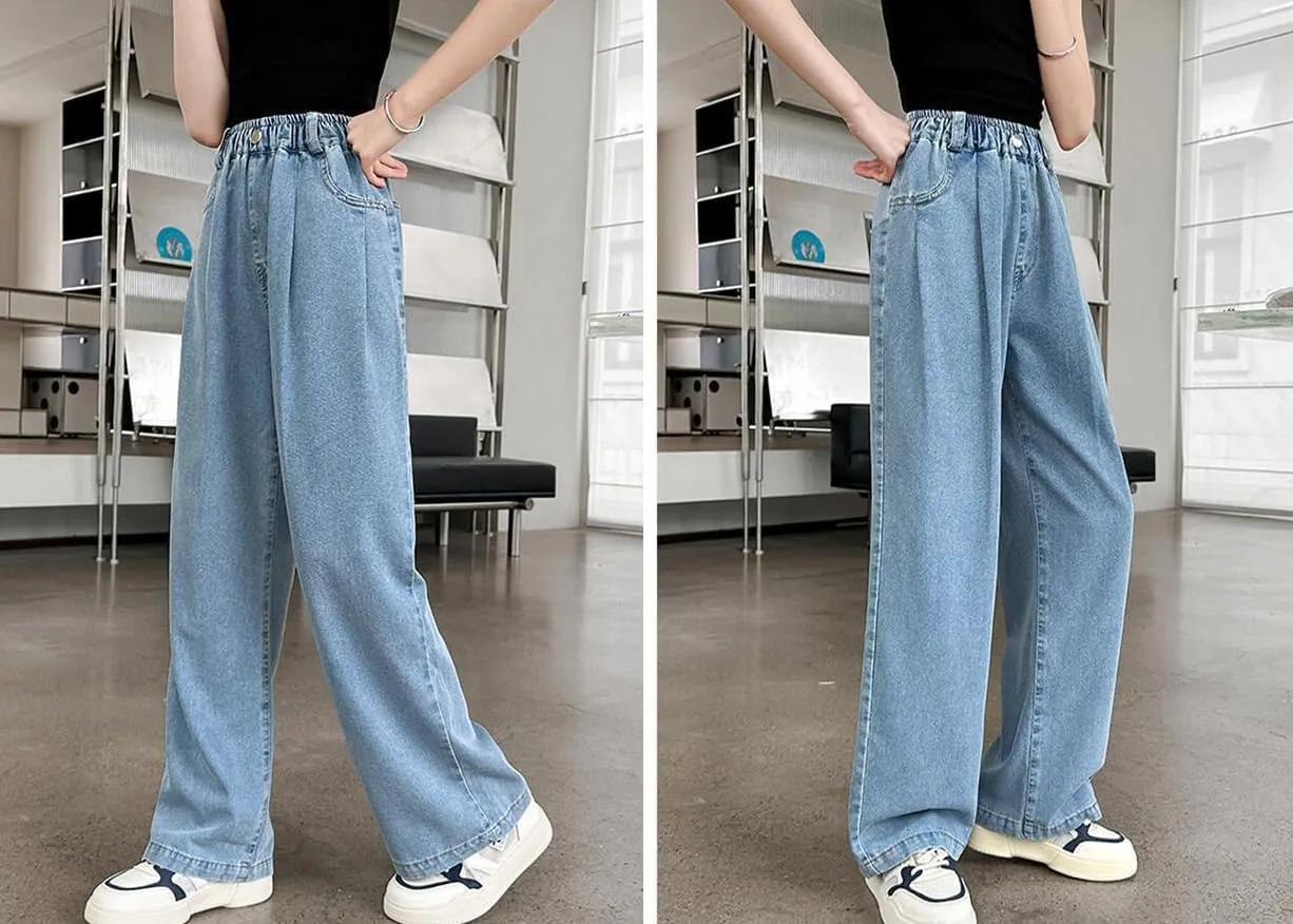 Girls Baggy Wide Leg Jeans Elastic Waist Casual Washed Denim Pants Age 5-14