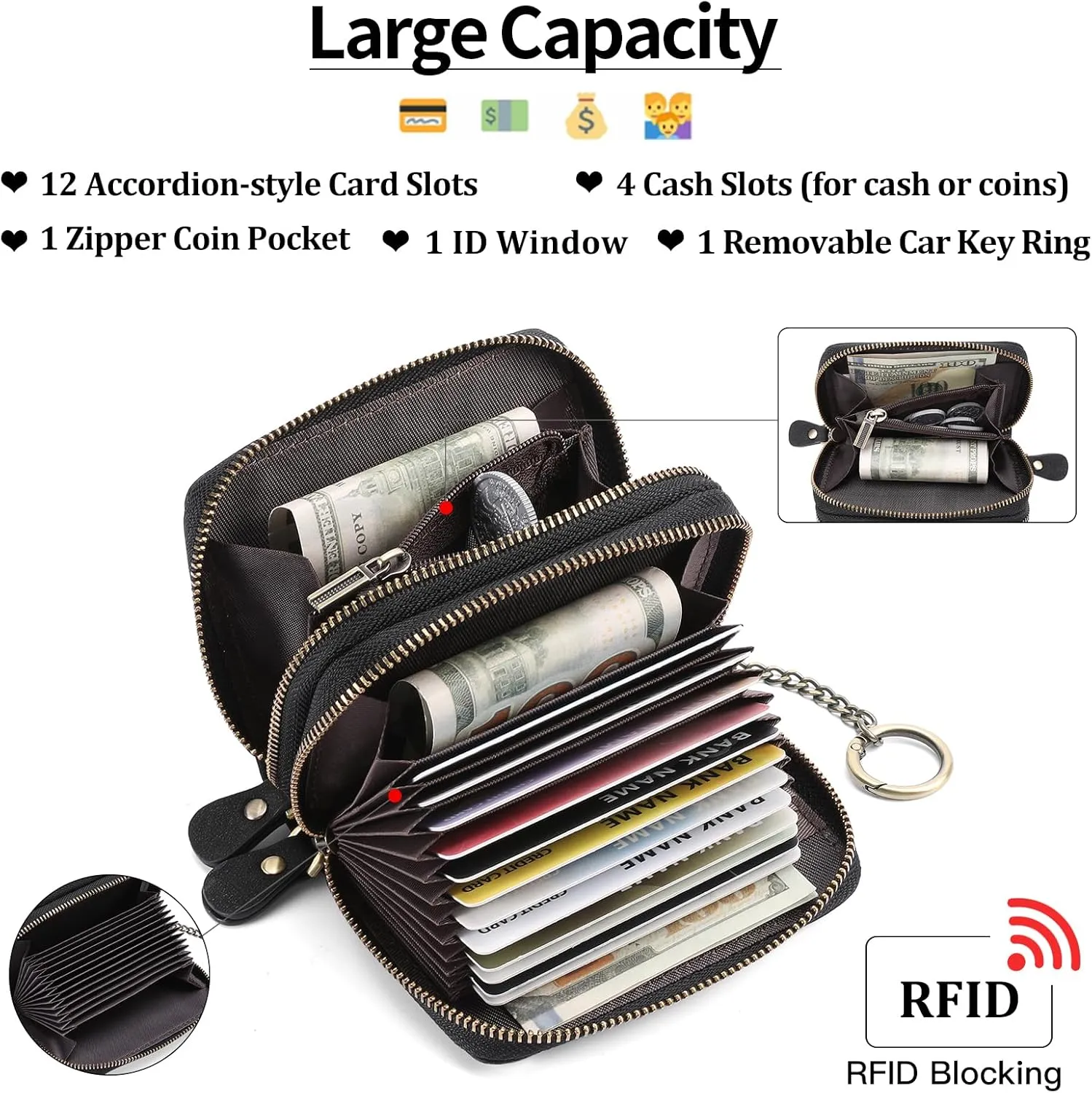 GOIACII Credit Card Holder Wallet for Women RFID Blocking Small Genuine Leather Card Case Wallet with Keychain